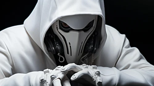 Futuristic Portrait of a Man with White Hood and Black Mask