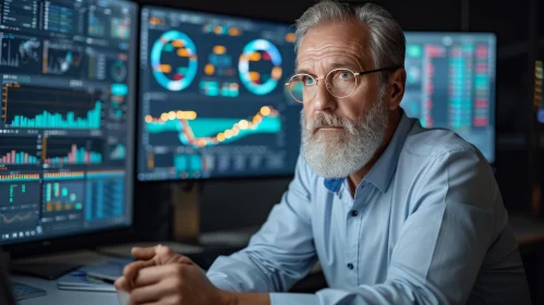 Intense Analysis of Financial Data by Elderly Man with Beard