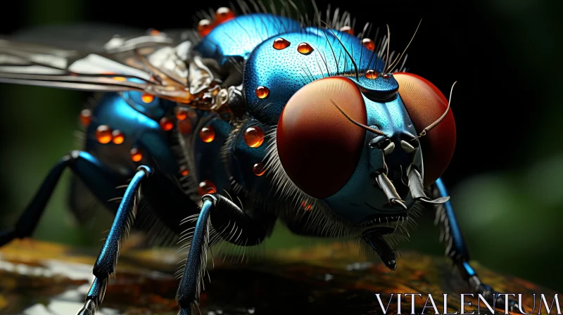 Metallic Blue Fly with Dew Drops - A Fusion of Precisionist Art and Sci-Fi AI Image