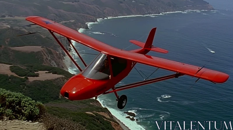 Red Airplane Flying Over Ocean and Coast | Stunning Aerial View AI Image