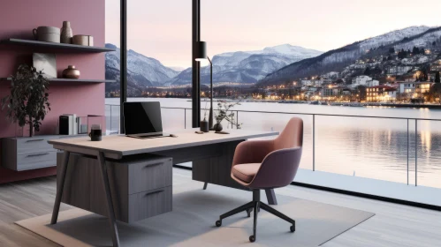 Serene Office Space with Mountain and Lake Scenery