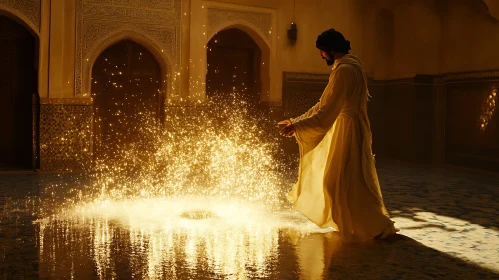 Figure Casting Spell in Ornate Chamber