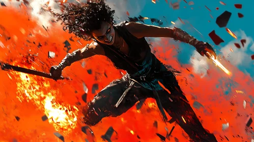 Warrior Woman Amidst Explosions