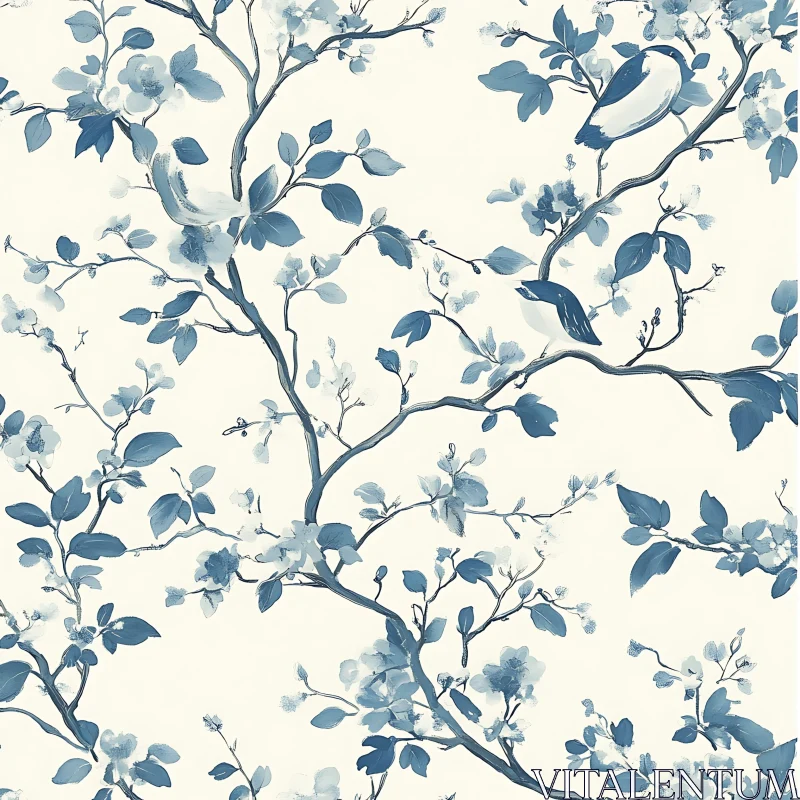 Detailed Blue Toned Nature Illustration with Birds AI Image