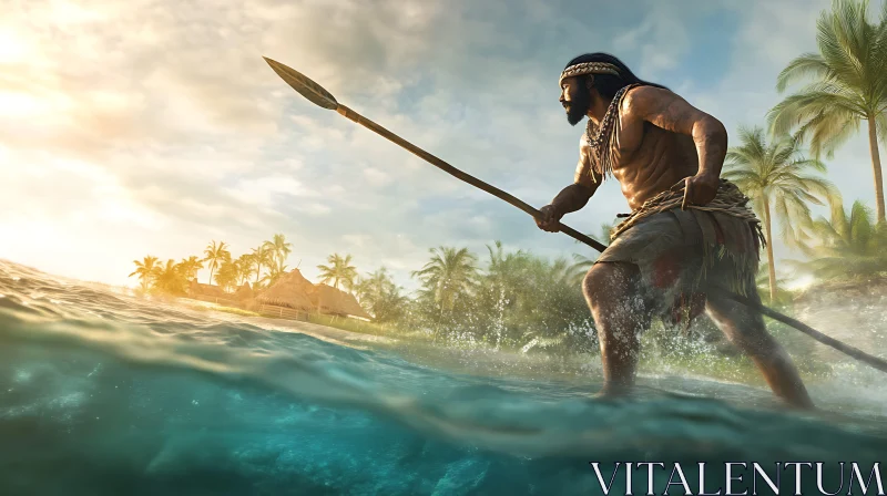 Island Spear Warrior in Ocean AI Image