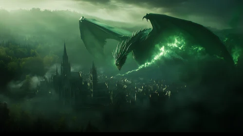 Emerald Dragon Over Fantasy Cityscape