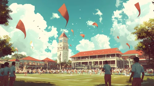 Celebratory Scene with Flags and Architecture