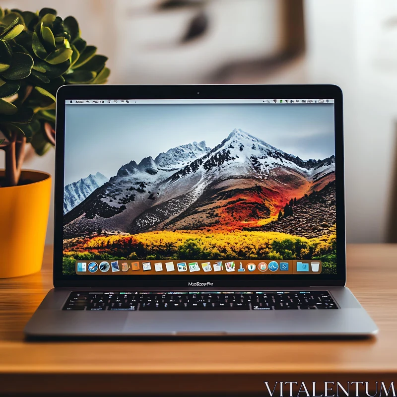 Modern Laptop with Mountainous Screen Saver AI Image