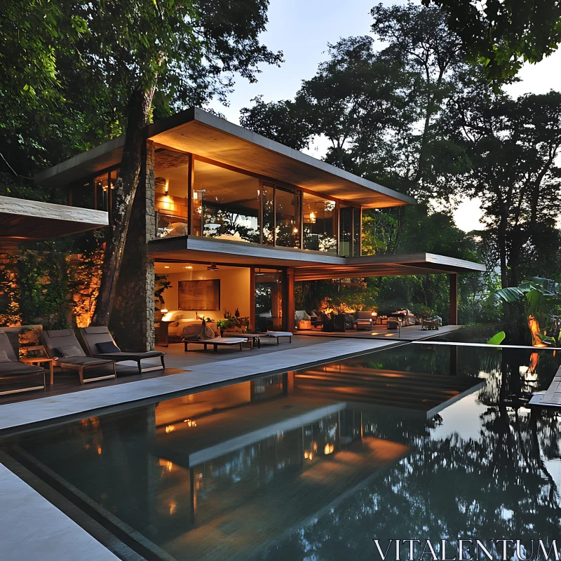 Contemporary Forest Home with Swimming Pool AI Image