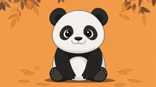 Cute Cartoon Panda with Autumn Leaves
