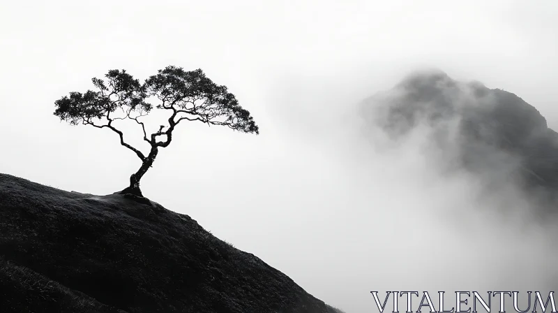 AI ART Solitary Tree in Foggy Mountain