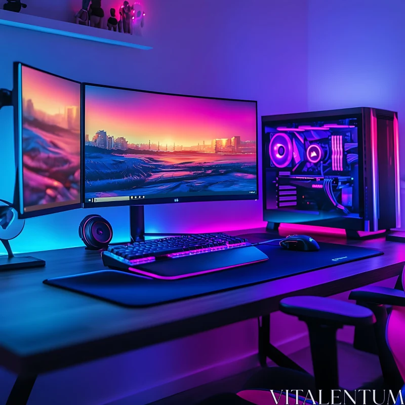 Sleek Gaming Desk with Custom PC and Vibrant RGB Lighting AI Image