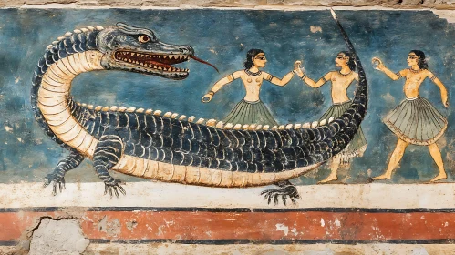 Historical Mural with Crocodile and People