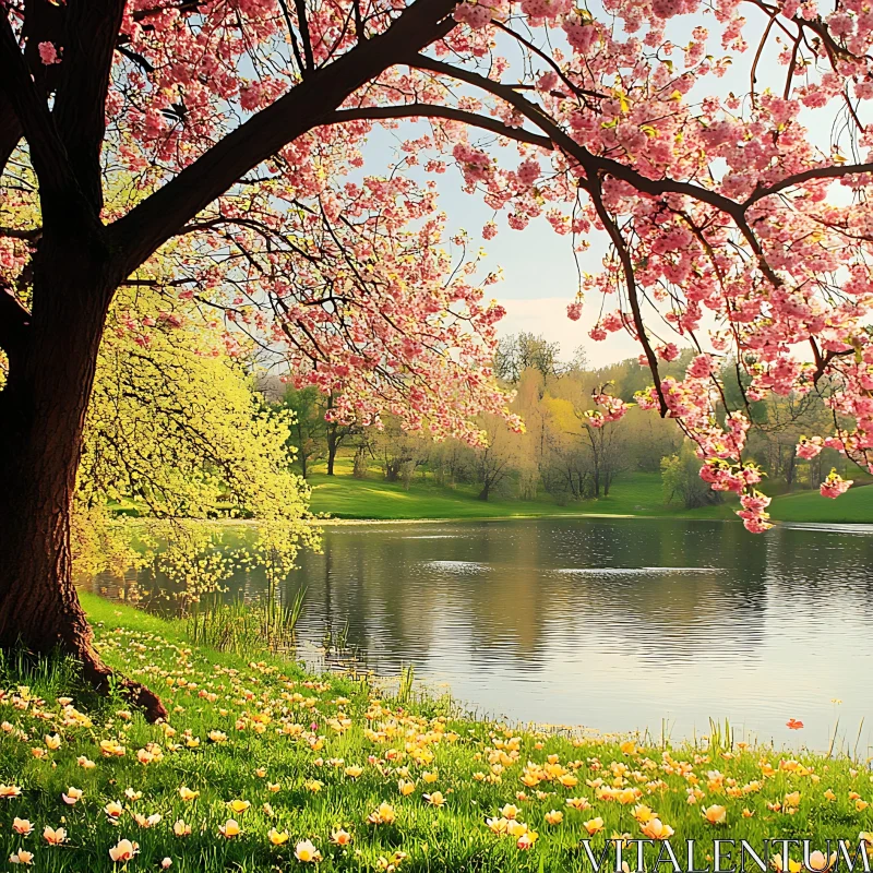 Serene Blooming Tree and Lake Landscape AI Image