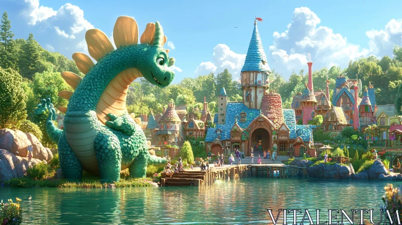 Whimsical Dragon and Town Illustration AI Image