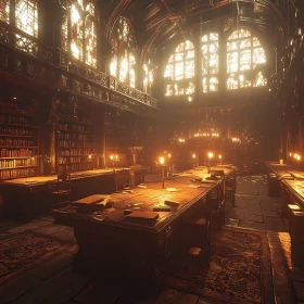 Sunlit Library with Antique Books and Tables