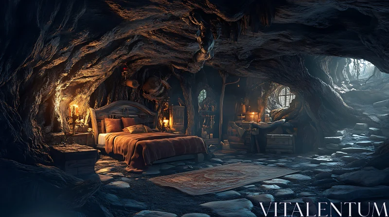 AI ART Cave Interior with Bed