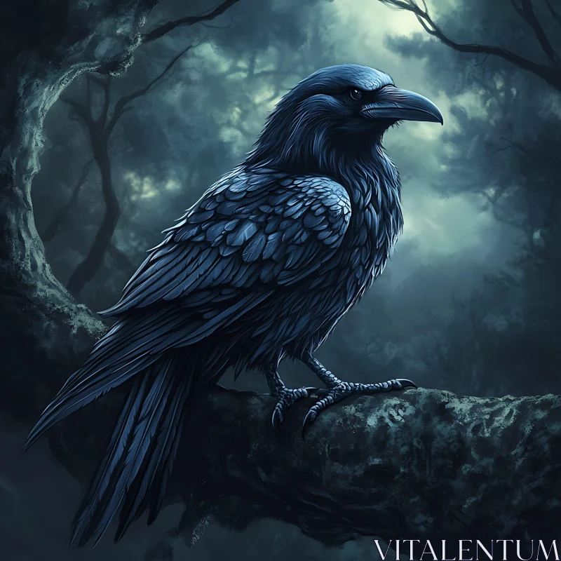 Dark Raven on Tree Branch AI Image