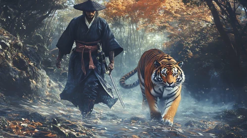 Warrior and Tiger in Misty Woods