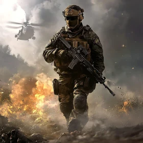 Military Operation Scene: Soldier and Helicopter