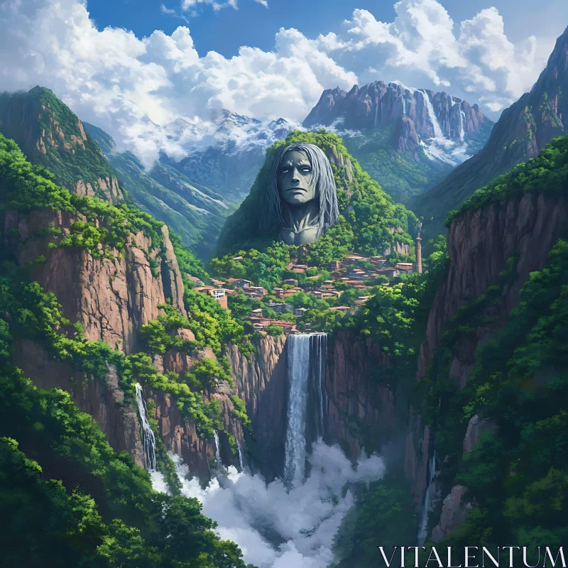 Mountain Head Sculpture Overlooking Village AI Image