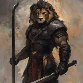 Armored Lion Warrior with Sword and Staff