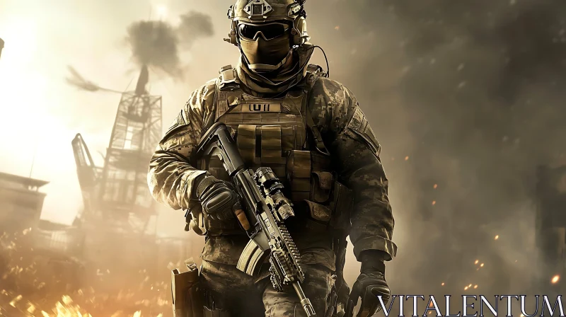 Combat Ready Soldier in War Zone AI Image