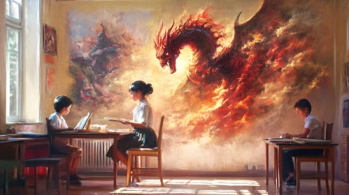 Students in Classroom with Dragon Art