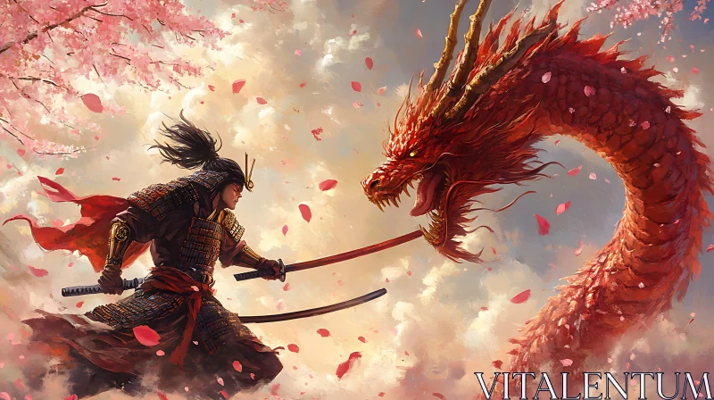 AI ART Warrior Confronts Dragon in Cherry Blossom Storm