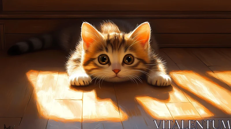 Sunbathing Kitten on Wooden Floor AI Image