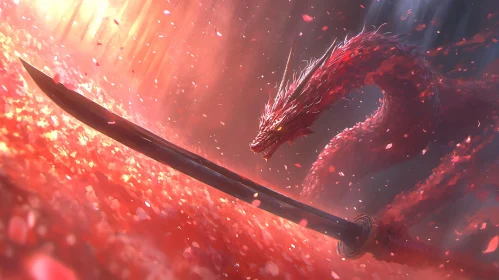 Crimson Dragon Behind Sword