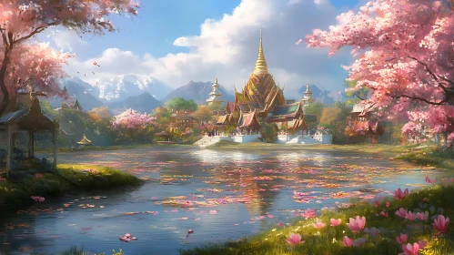 Tranquil Temple Scene with Cherry Blossoms