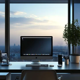 Sleek Workspace Overlooking City Skyline