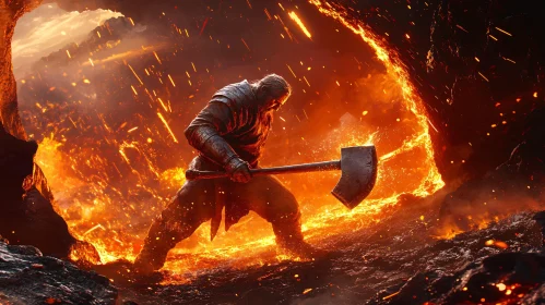 Fiery Warrior with Axe in Lava Field