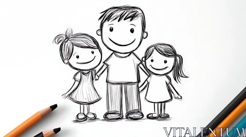 AI ART Simple Line Drawing: Parent with Two Children