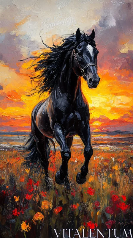 AI ART Black Stallion in Radiant Sunset