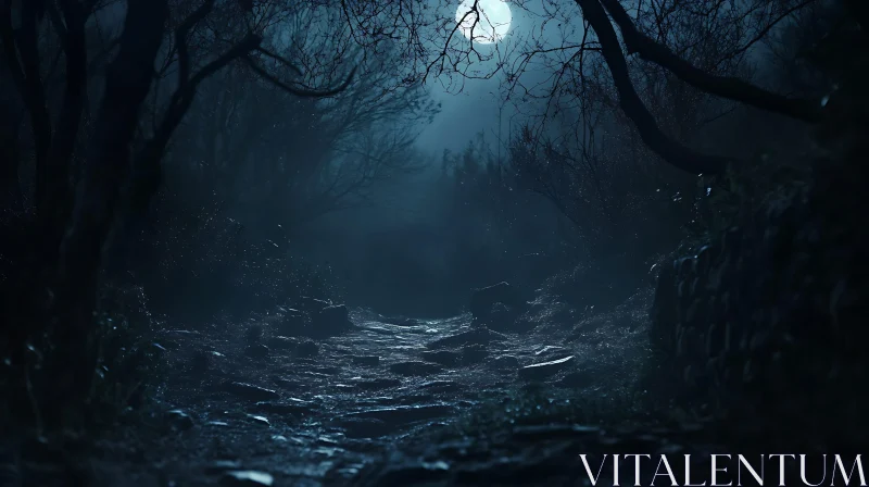 Dark Forest Path Under Moonlight AI Image