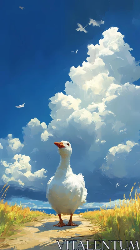 White Goose and Cloudy Sky AI Image