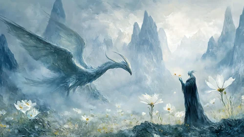 Dragon and Wizard in Misty Landscape