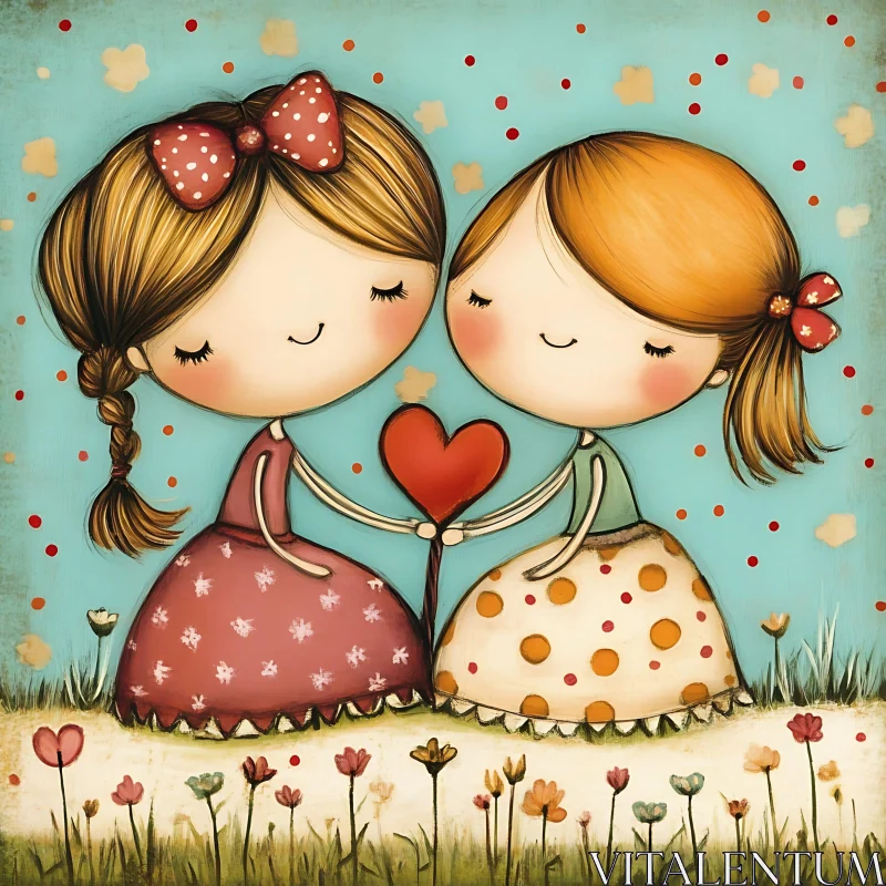 Stylized Girls with Heart Illustration AI Image