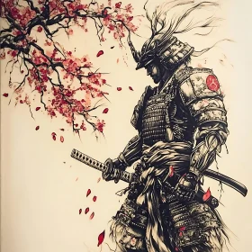 Armored Samurai with Katana and Cherry Blossoms