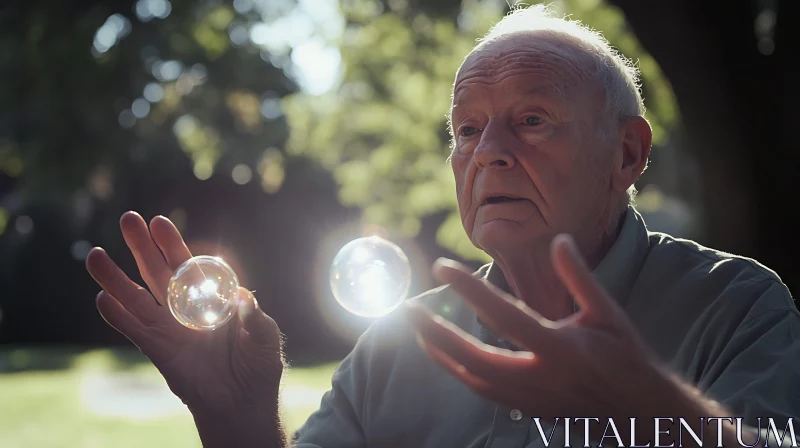 Elderly Man Holding Luminous Spheres AI Image