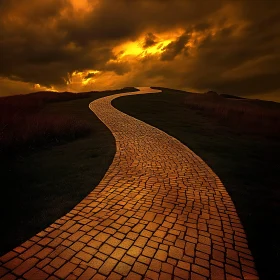 Winding Brick Road Under Stormy Skies
