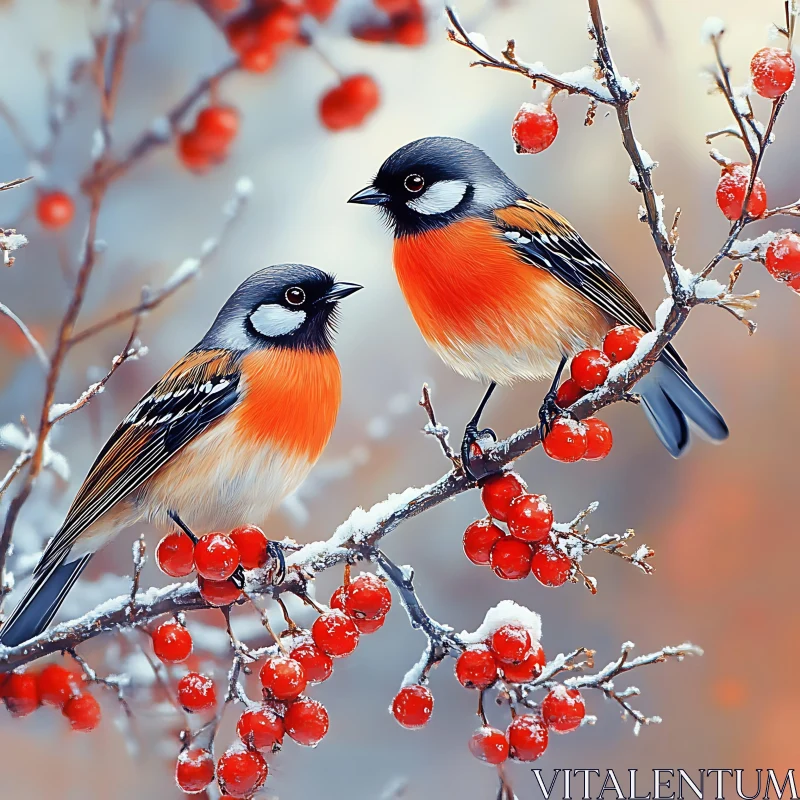 Birds and Berries in Winter Scene AI Image