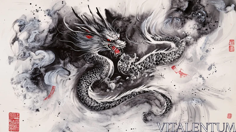 AI ART Dragon in Ink Wash - Asian Art