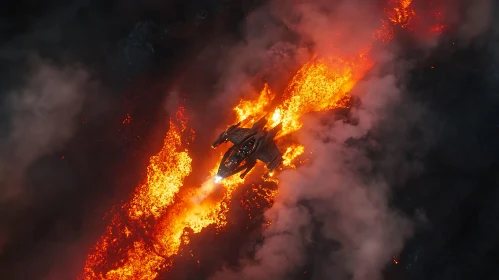 Spaceship amidst Volcanic Lava Flow