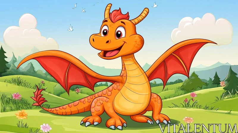 AI ART Whimsical Dragon Cartoon in Grassy Field