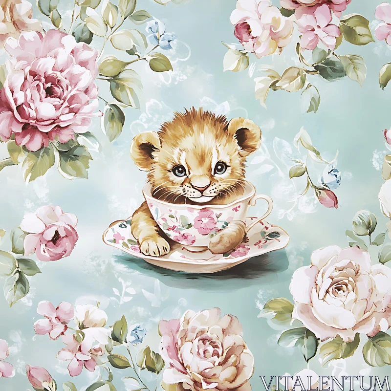 AI ART Floral Tea Cup with Lion Cub