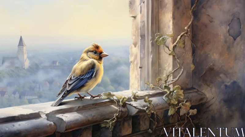 Bird Perched on Stone Balcony AI Image