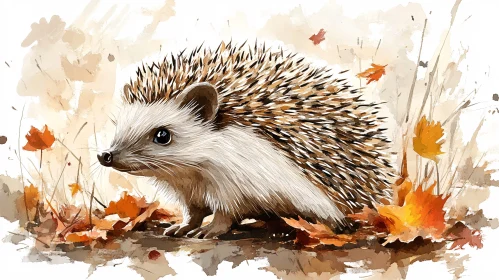 Hedgehog Among Autumn Leaves